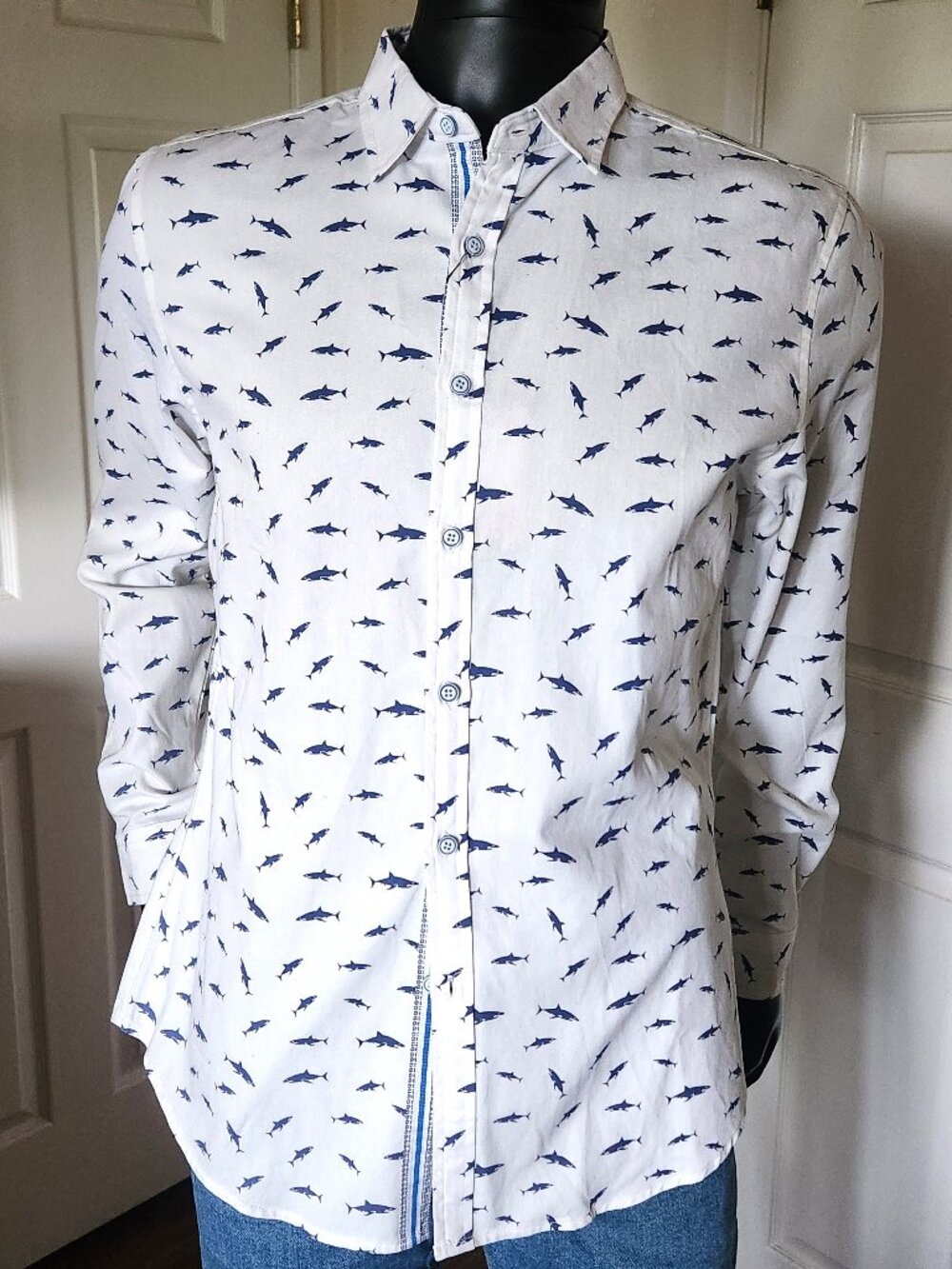 Men's Long-sleeve, button Shark Shirt by RED, White with Blue details, Size L